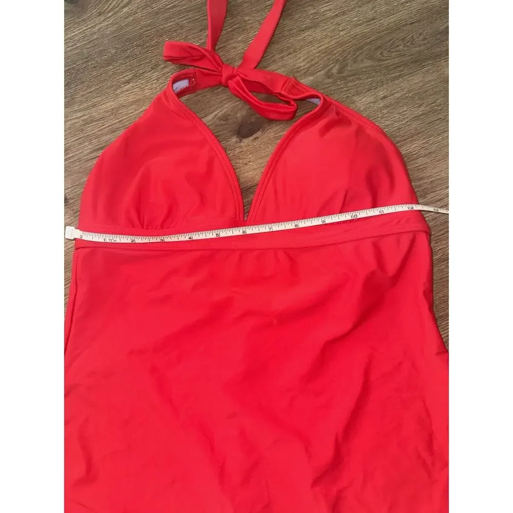 prAna Womens Red Halter Tankini Swim Top Size XS V-Neck Back Hook Tie Neck